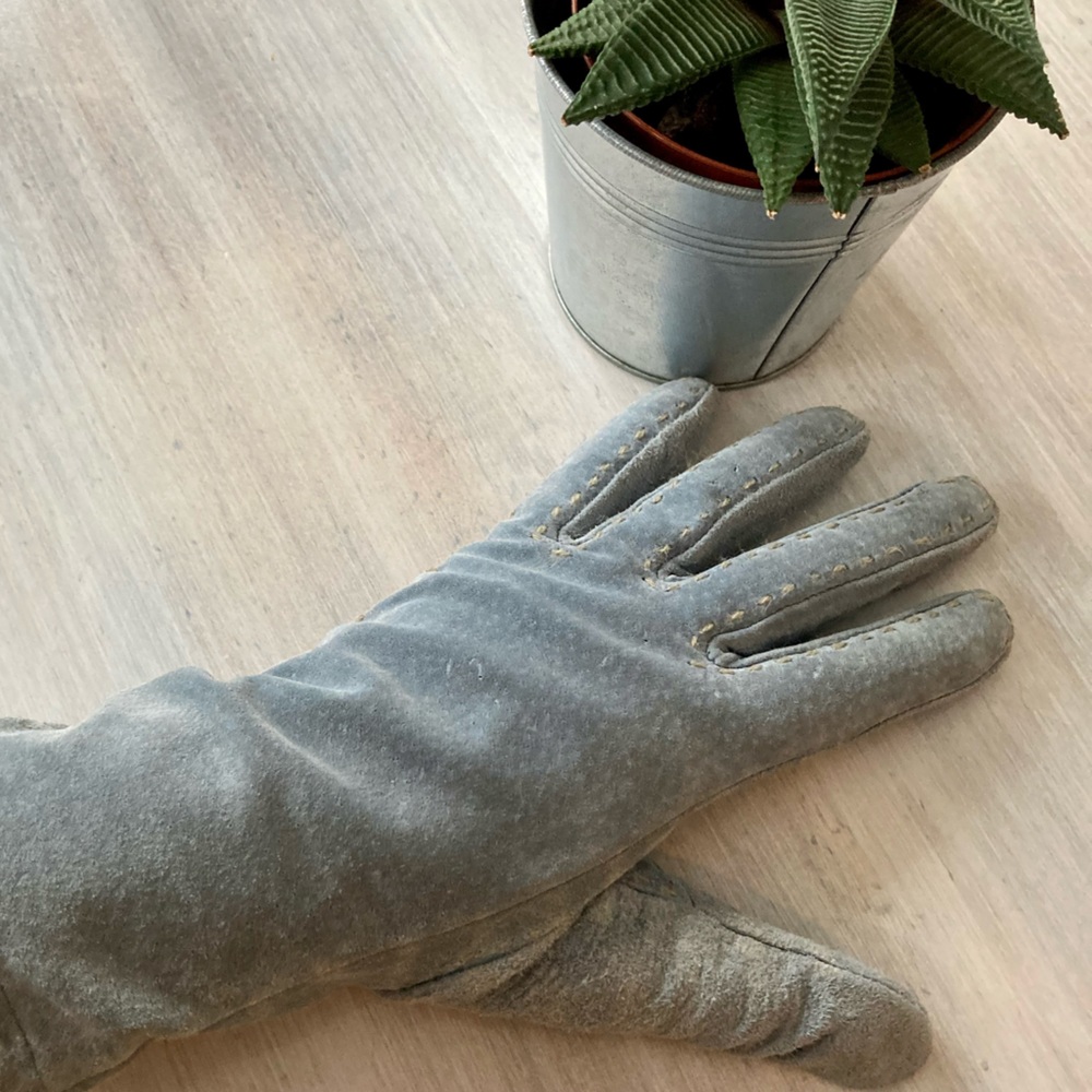 Danier Blue Suede Gloves with Beige Stitching.